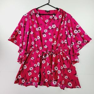 Lane Bryant Blouse Women 26/28 Pink Floral Print Bat Flared Sleeve Kimono Belted